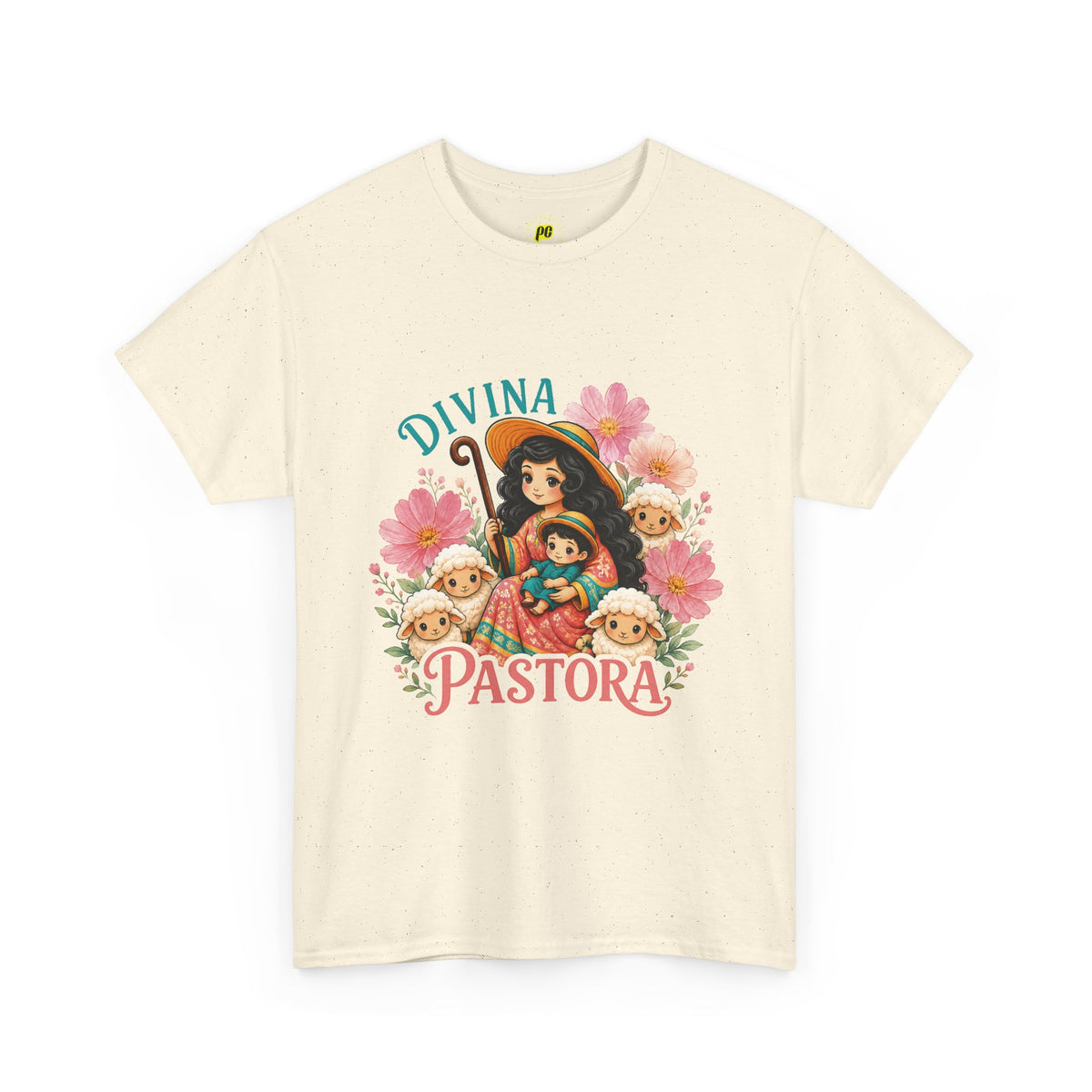 Divina Pastora Graphic Tee — Cute Marian Shepherdess Shirt with Lambs