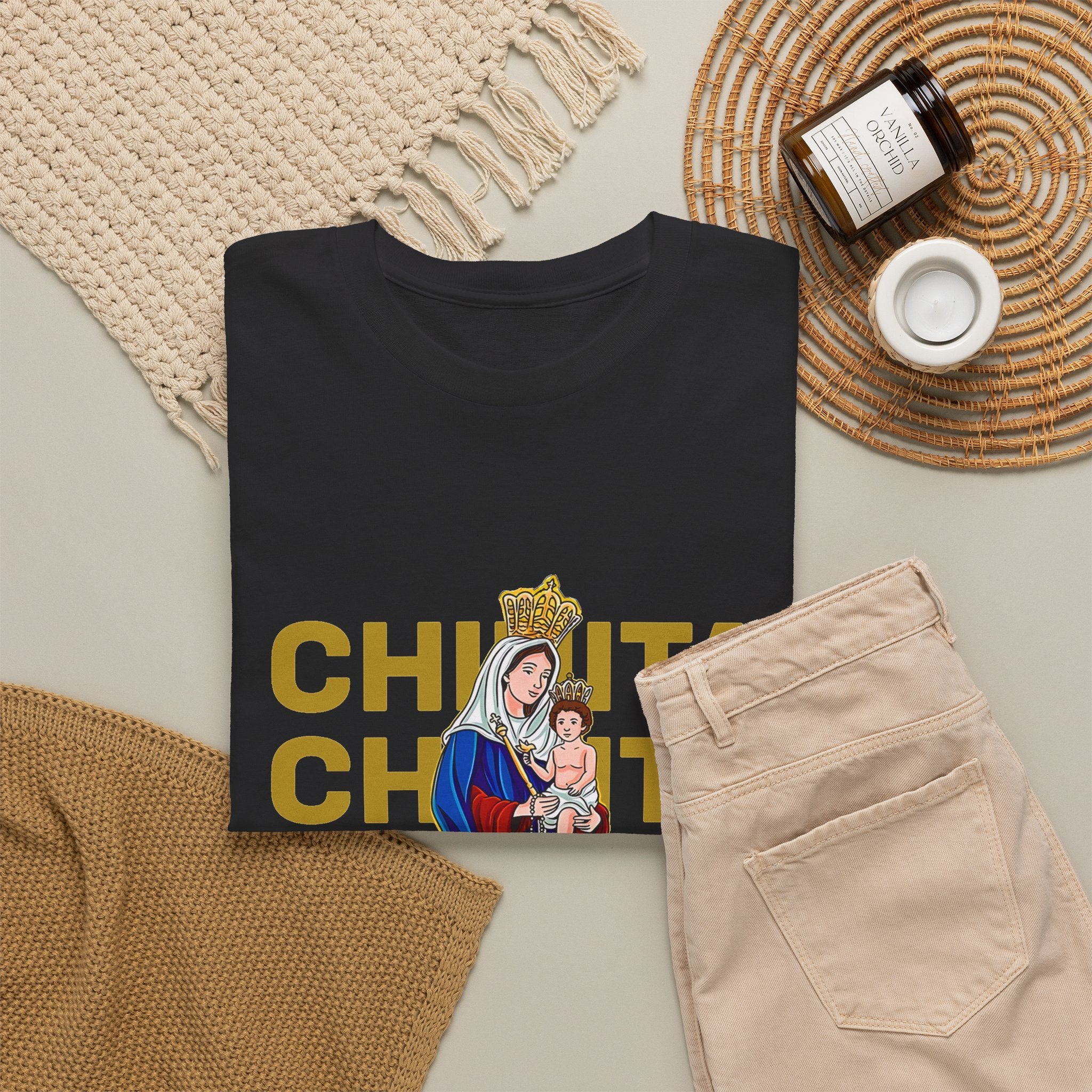 Virgin Mary Religious Tee — "Chinita" Repeat Retro Devotional T-Shirt