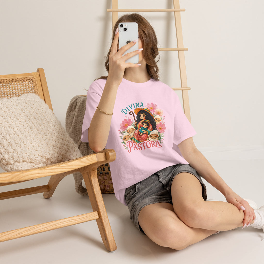 Divina Pastora Graphic Tee — Cute Marian Shepherdess Shirt with Lambs