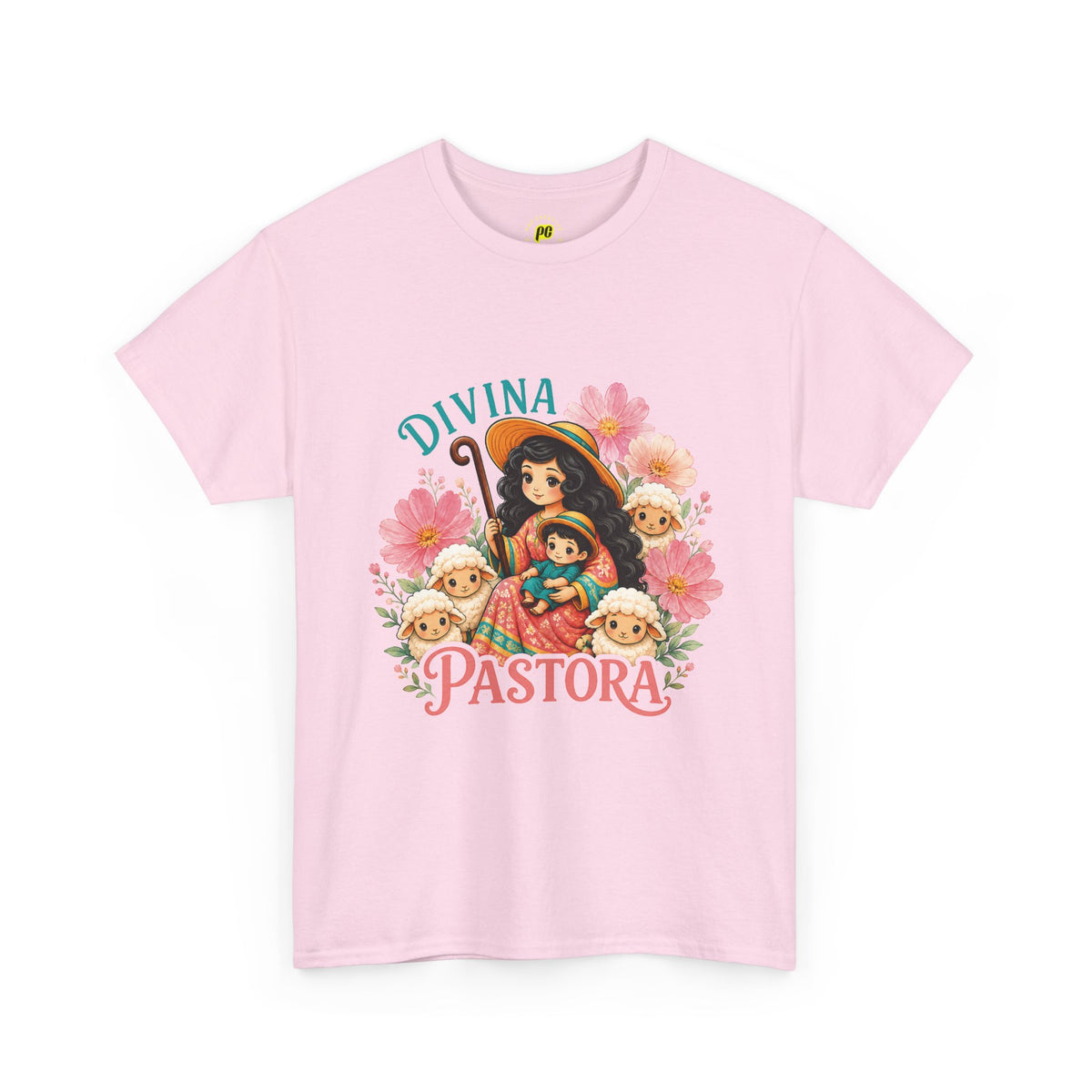 Divina Pastora Graphic Tee — Cute Marian Shepherdess Shirt with Lambs