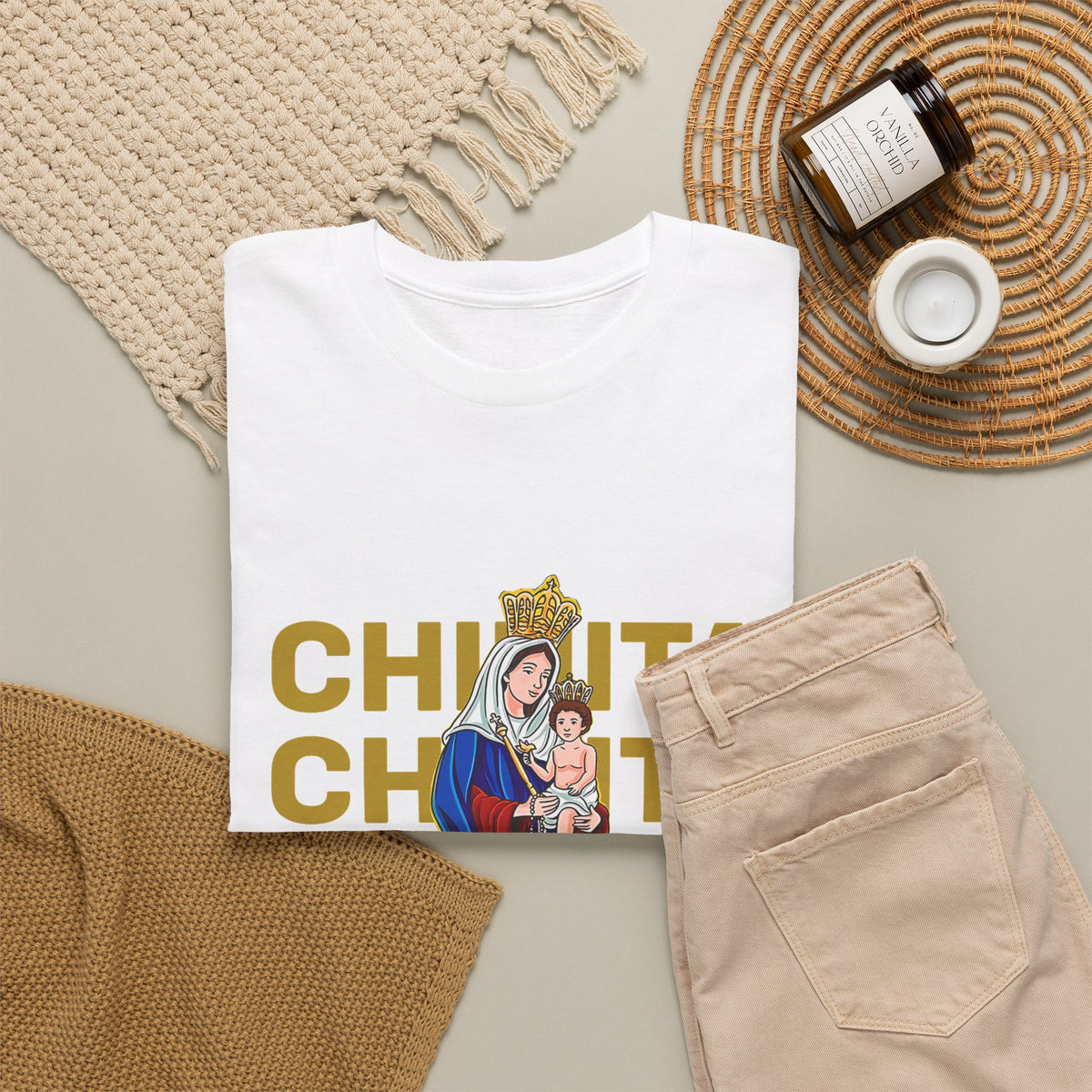 Virgin Mary Religious Tee — "Chinita" Repeat Retro Devotional T-Shirt
