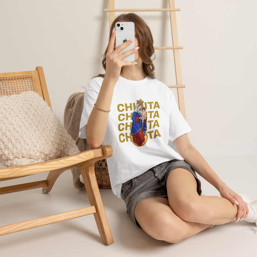 Virgin Mary Religious Tee — "Chinita" Repeat Retro Devotional T-Shirt