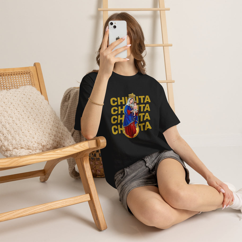 Virgin Mary Religious Tee — "Chinita" Repeat Retro Devotional T-Shirt