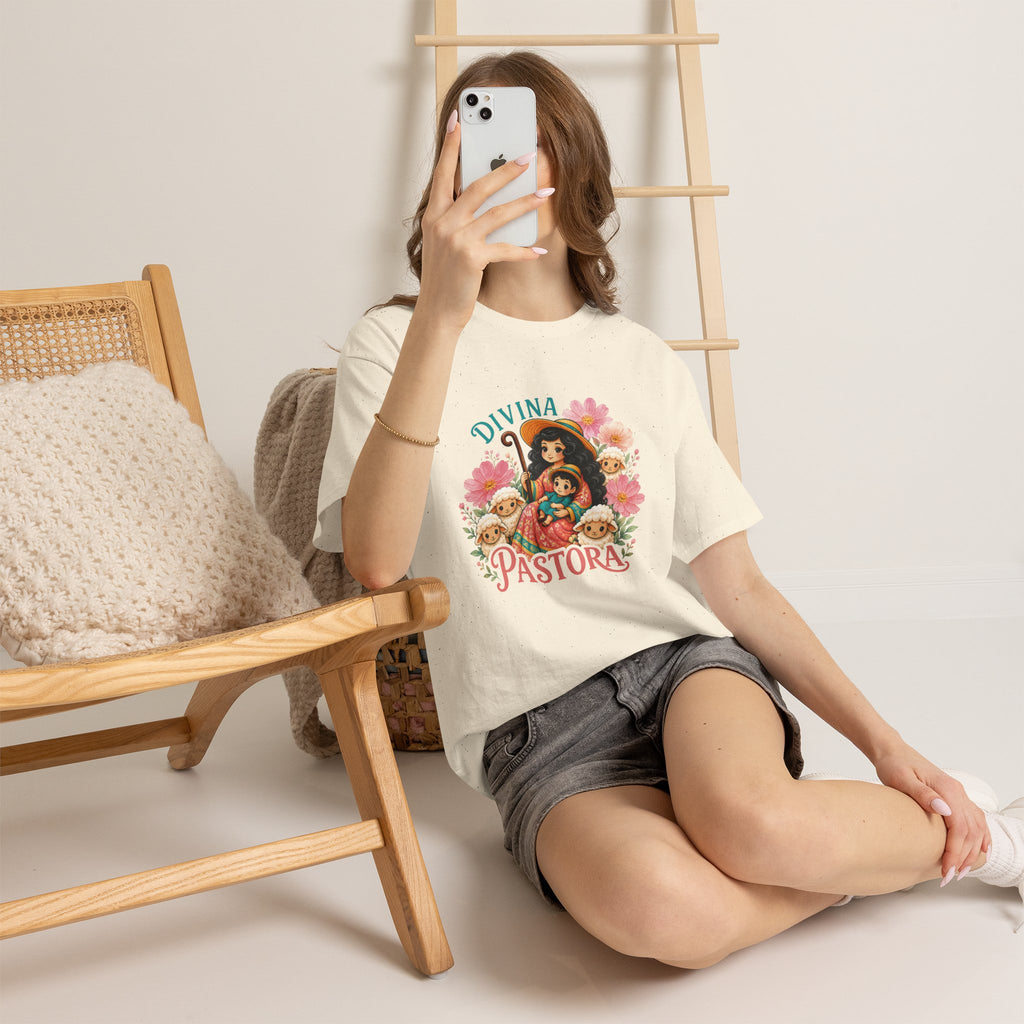 Divina Pastora Graphic Tee — Cute Marian Shepherdess Shirt with Lambs
