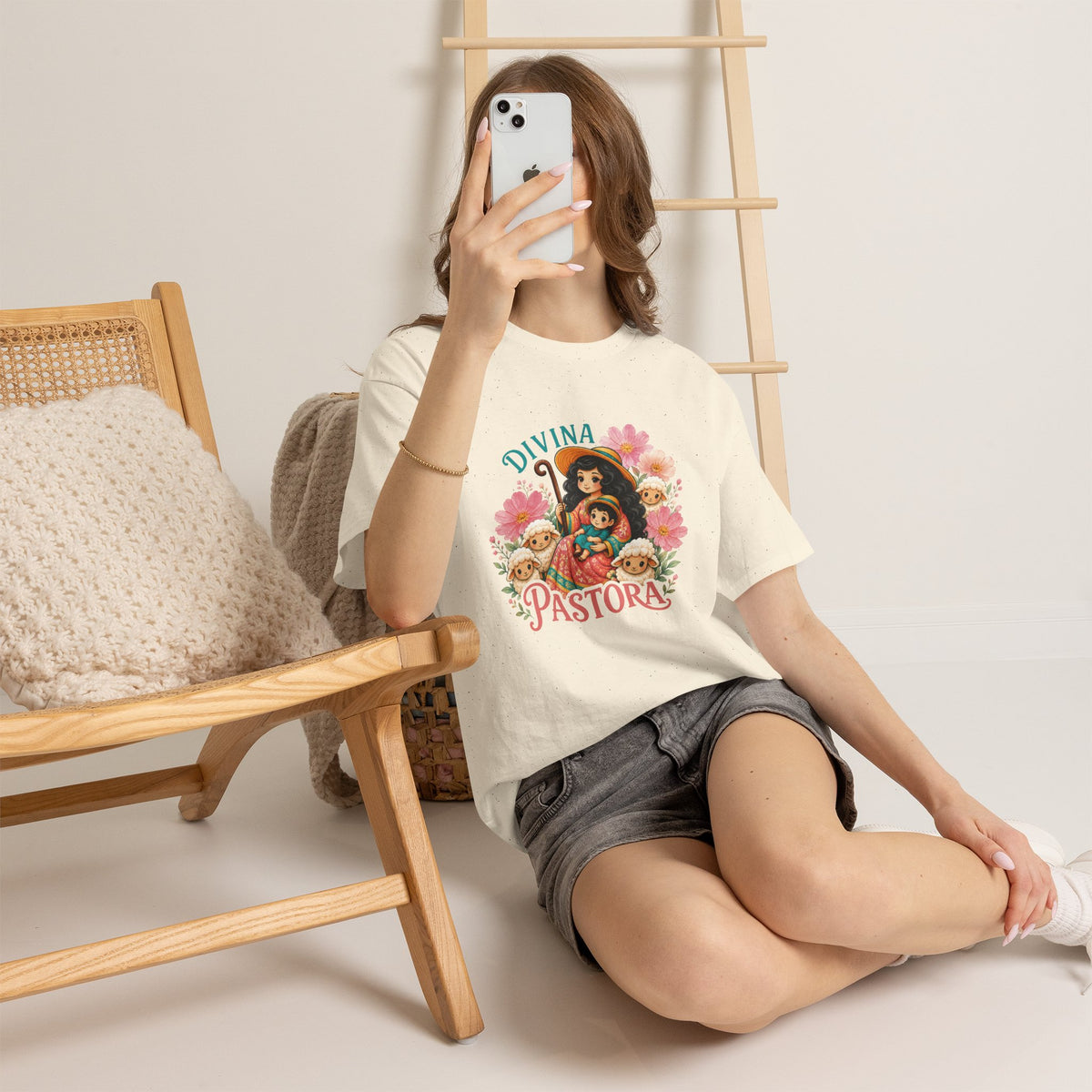 Divina Pastora Graphic Tee — Cute Marian Shepherdess Shirt with Lambs