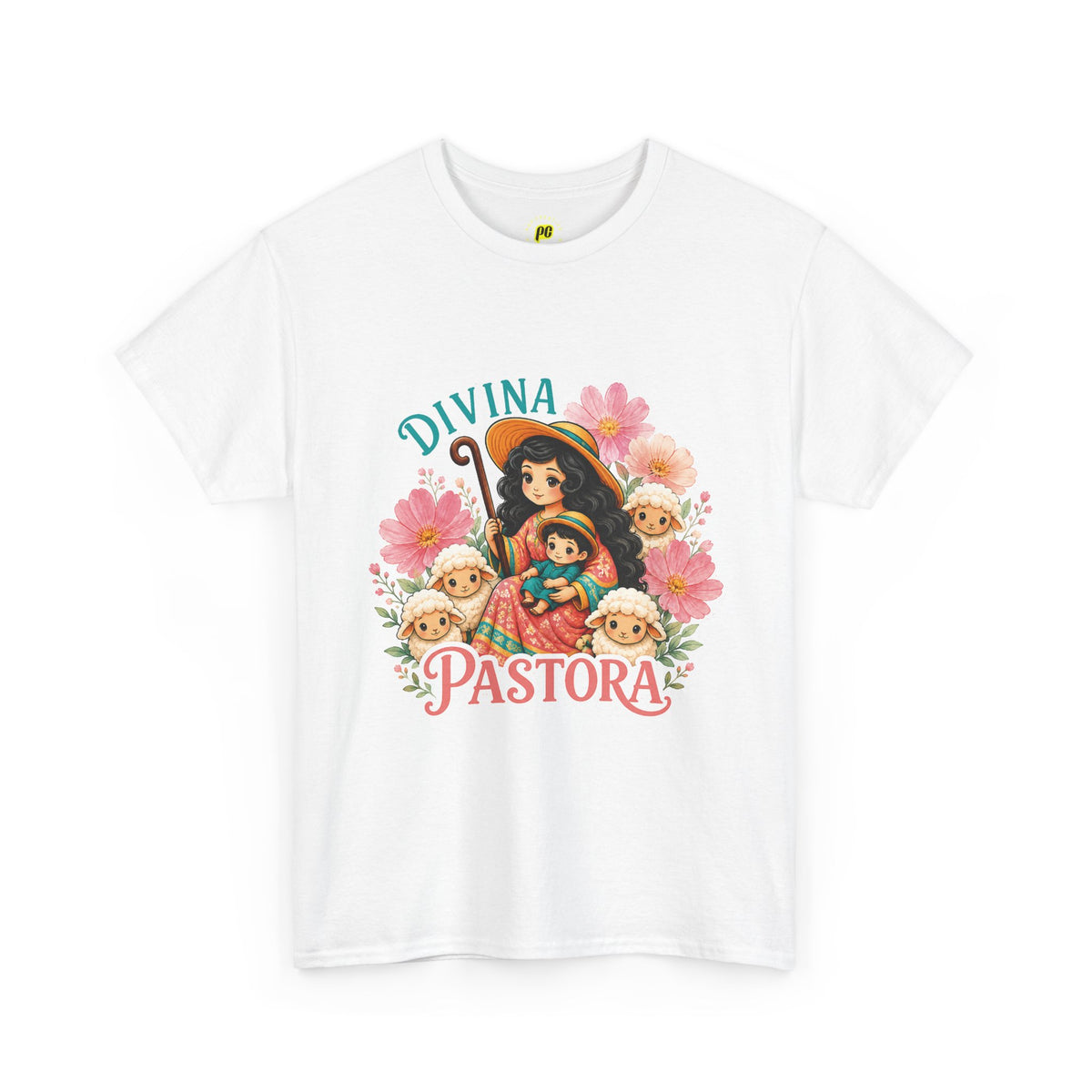 Divina Pastora Graphic Tee — Cute Marian Shepherdess Shirt with Lambs