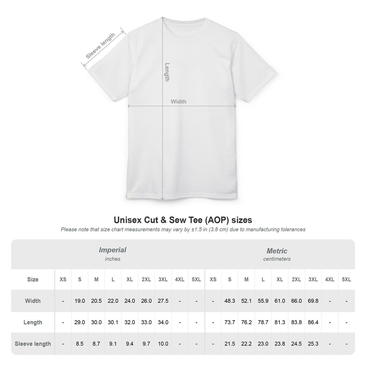 Guía de medidas de la franela unisex: ancho, largo y manga para tallas S a 3XL, en centímetros y pulgadas.
