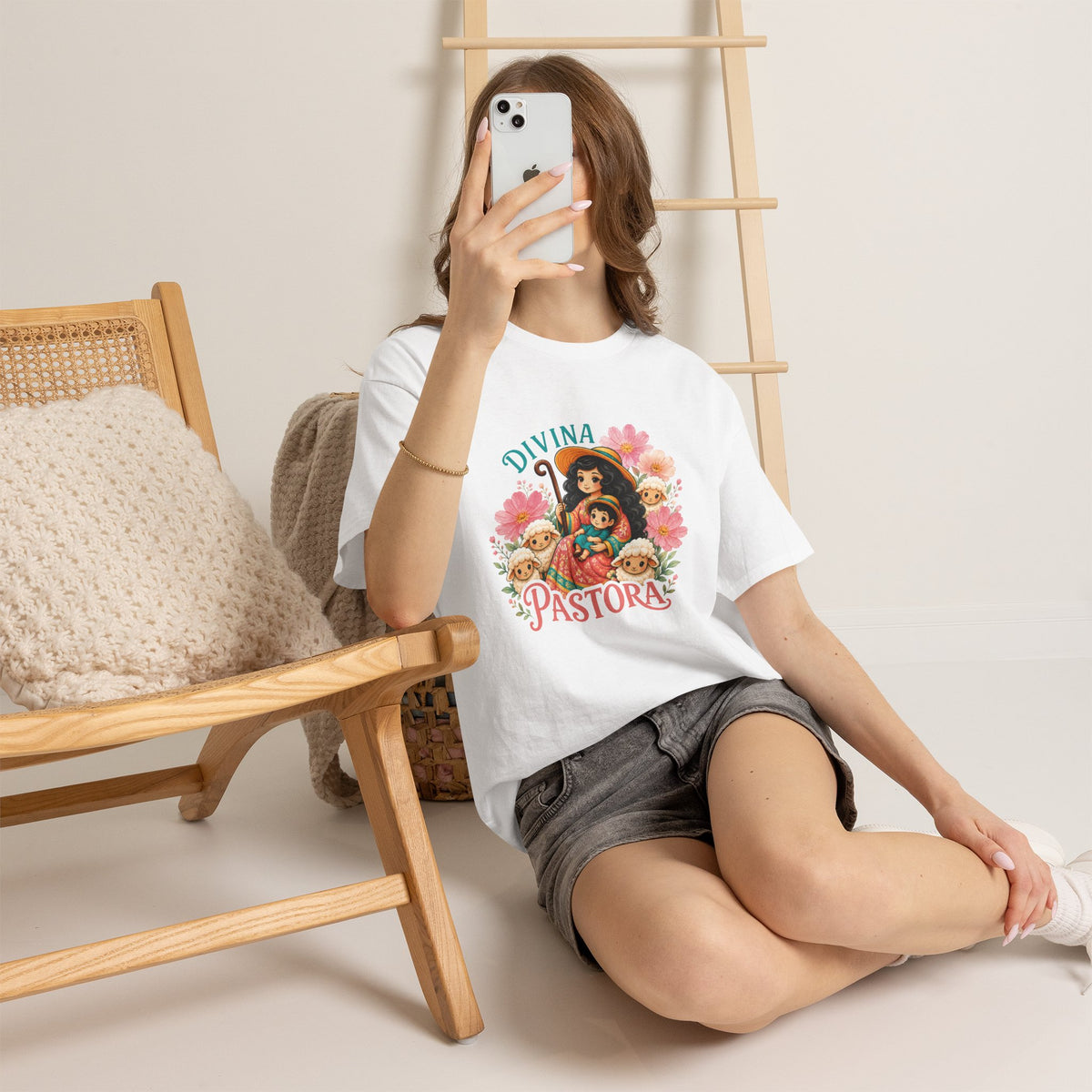 Divina Pastora Graphic Tee — Cute Marian Shepherdess Shirt with Lambs