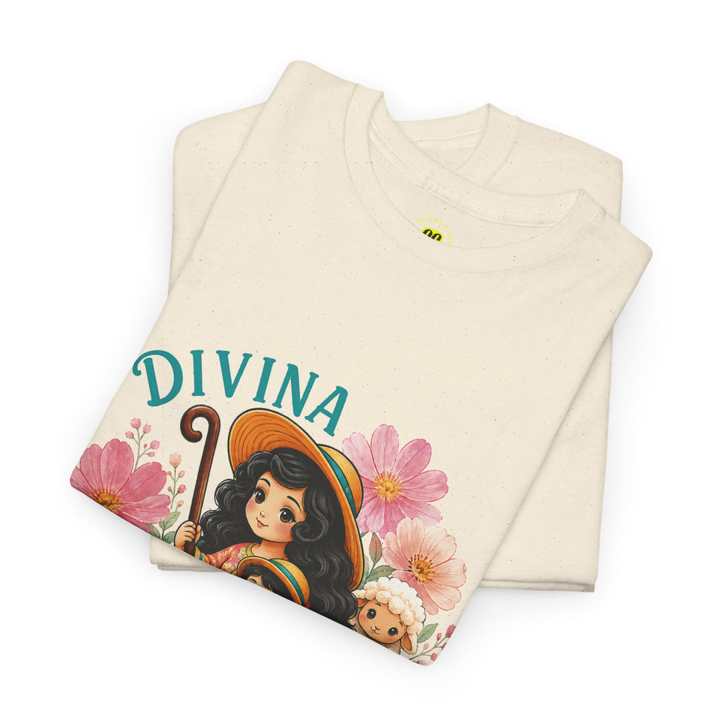 Divina Pastora Graphic Tee — Cute Marian Shepherdess Shirt with Lambs