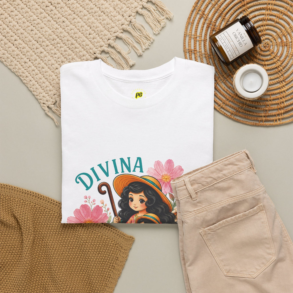 Divina Pastora Graphic Tee — Cute Marian Shepherdess Shirt with Lambs