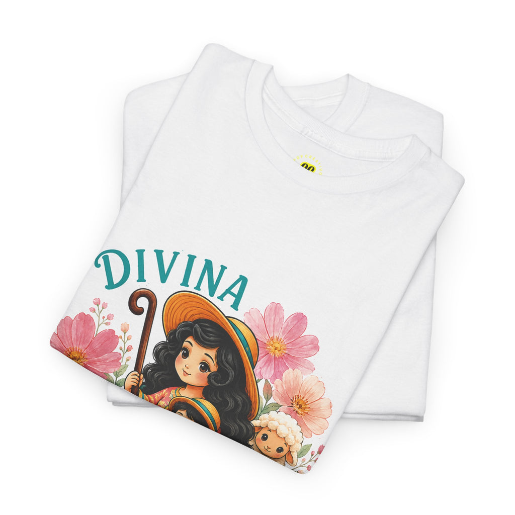 Divina Pastora Graphic Tee — Cute Marian Shepherdess Shirt with Lambs